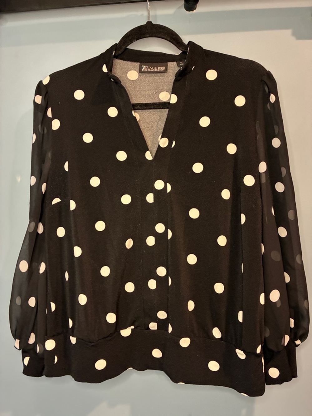 New York & Company Black and White Polka Dot Split Neck Blouse w/ Sheer Sleeves
